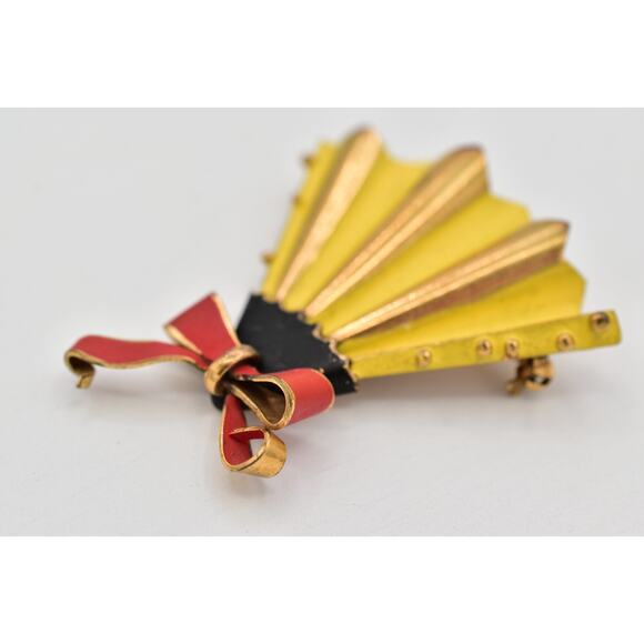 Germany Vintage Fan Pin Brooch Yellow Red Enamel Signed Art Deco Mid 1940s Bin4 - Picture 6 of 12